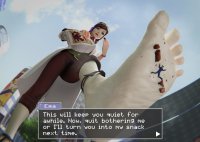 city barefoot buildings brunette sweat foot_crush shrunken_man eating sunglasses pants dirty_soles jacket point_of_view ace_attorney phoenix_wright belt dialogue stuck_to_foot looking_at_tiny digital_render ema_skye dawger2