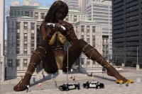 breasts giantess panties city mega black_hair large_breasts long_hair destruction handheld cleavage bra buildings goddess street police sitting foot_crush tribal steps dark_skin thighs red_nails running_away taxi police_car digital_render bare_legs bare_midriff schashlli4ok