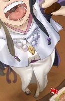 breasts drawing black_hair color long_hair saliva sandals shrunken_woman shrunken_man eating open_mouth candy necklace ace_attorney phoenix_wright athena_cykes maya_fey scrungee