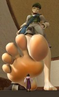 breasts blonde black_hair blue_eyes toes barefoot skirt shoes dress uniform shrunken_woman pants indoors dirty_soles hat shirt hands_on_hips imminent_crush scarf looking_at_tiny digital_render vest gina_lestrade mistralluv mikotoba_susato