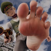 breasts blonde blue_eyes toes barefoot gun sweat uniform pants dirty_soles hat point_of_view imminent_crush scarf digital_render vest gina_lestrade mistralluv