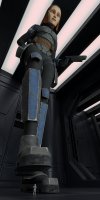breasts armor gun green_eyes gloves red_hair short_hair boots star_wars shrunken_man indoors point_of_view belt hands_on_hips hairband imminent_crush helmet looking_at_tiny digital_render clone_troopers mandalorian bo_katan sctheriaulgts