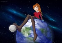 breasts drawing giantess earth giga space color long_hair destruction skirt green_eyes stockings red_hair ponytail sitting sweater stars orange_hair gwen_tennyson ben_10 cosmic_giantess sitting_on_planet personmanguy1234