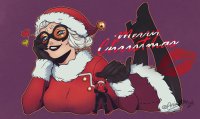 breasts drawing giantess white_hair mega color large_breasts blue_eyes high_heels christmas gloves lying_down short_hair boots shrunken_man mask santa_costume costume santa_hat no_background pinched black_cat spider-man marvel_comics peter_parker felicia_hardy notrice