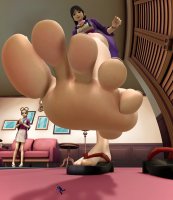 breasts black_hair toes barefoot brunette dress sandals unaware shrunken_man indoors jacket point_of_view necklace earrings ace_attorney phoenix_wright sofa coffee_table bracelet lamp running_away imminent_crush looking_at_tiny digital_render clock bare_legs maya_fey mistralluv pearl_fey