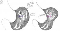 breasts drawing vore monochrome digestion boots stomach tie shrunken_woman hair_bow ace_attorney dialogue stomach_view apollo_justice athena_cykes simon_blackquill youkaichan