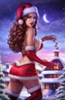 breasts drawing giantess mega color large_breasts long_hair butt cleavage skirt buildings brunette brown_eyes christmas moon gloves kneeling snow cosplay night thighs hat winter top looking_at_viewer stars looking_behind christmas_gift santa_hat bare_legs bare_midriff mtolympuscomics santa_suit