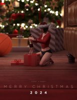 breasts panties black_hair toes barefoot underwear multiple_sizes christmas asian short_hair kneeling ball shrunken_woman shrunken_man poster christmas_gift christmas_tree santa_hat digital_render bare_legs caddyisraddy