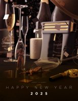 breasts nipples nude blonde black_hair large_breasts cleavage shrunken_woman entrapment poster candle champagne digital_render new_year champagne_glass caddyisraddy lying_on_back