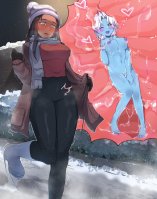 breasts drawing nipples white_hair insertion nude blushing black_hair color large_breasts long_hair cum blue_eyes toes green_eyes fairy gloves short_hair boots blue_skin shrunken_woman snow pants dark_skin night thighs hat jacket winter stars wall scarf pointed_ears wanda azure_mystic mirrah