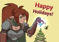 breasts drawing giantess mega color long_hair armor cleavage brunette christmas raven gloves elf ponytail christmas_tree no_background pointed_ears bak3nator