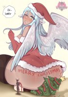 breasts drawing giantess blushing horns wings color long_hair butt butt_crush blue_hair brunette yellow_eyes christmas embarrassed gloves dialogue christmas_tree santa_hat looking_at_tiny reindeer_costume santa_suit littlefanstudio