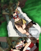 breasts drawing giantess horns blonde color cleavage skirt lying_down boots unknown_artist shrunken_man tattoo braid cape top belt source_needed legs_crossed helmet looking_at_tiny bare_legs bare_midriff between_breasts ripley