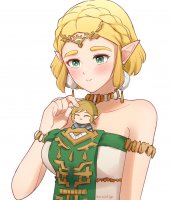 breasts drawing giantess blushing mega blonde color green_eyes dress short_hair shrunken_man necklace earrings bracelet no_background looking_at_tiny petting pointed_ears the_legend_of_zelda between_breasts link_(the_legend_of_zelda) princess_zelda_(the_legend_of_zelda) ichigobotw2 teraichigo