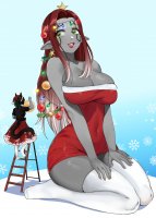 breasts drawing giantess tail mega color large_breasts long_hair cleavage green_eyes christmas socks elf green_hair red_hair dress kneeling snow ladder thighs tattoo winter santa_hat no_background christmas_lights looking_at_tiny pointed_ears grey_skin hoshicchi