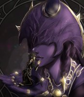 drawing giantess horns mega black_hair color handheld purple_hair goddess elf kneeling kissing worship jewelry rings necklace purple_skin pointed_ears on_palm shadowheart lady_shar barbozari