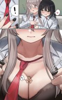 breasts drawing blushing comic black_hair color large_breasts long_hair blue_eyes cleavage bra green_eyes sweat uniform tie shrunken_man indoors grey_hair shirt black_nails cupping_breasts between_breasts kuroihassan