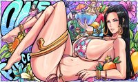 bikini breasts drawing giantess manga blonde black_hair large_breasts long_hair swimsuit sword one_piece toes barefoot cleavage blue_hair pink_hair drink shrunken_woman shrunken_man jewlery thighs fruit earrings looking_at_viewer bracelet orange grapes purple_nails on_leg sunflower boa lying_on_back frealish