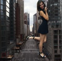 breasts giantess collage city destruction high_heels buildings brunette smiling street dress unknown_artist source_needed leaning_on_building bare_legs