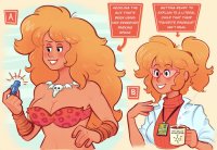 breasts drawing giantess comic color long_hair handheld cleavage glasses ponytail tribal scientist vehicles sweater necklace dialogue orange_hair lab_coat coffee_cup leopard_print no_background armbands bare_midriff lowbudgetghost
