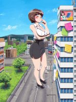 breasts drawing giantess blushing city mega color large_breasts cleavage skirt buildings shoes brunette brown_eyes street short_hair office shirt trees thinking office_lady sign notes cracked_ground billboard bare_legs shygts