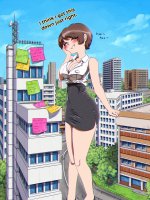 breasts drawing giantess blushing city mega color large_breasts cleavage skirt buildings shoes brunette street short_hair office shirt closed_eyes trees dialogue thinking office_lady notes cracked_ground billboard bare_legs shygts
