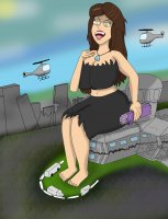 breasts drawing giantess city mega color large_breasts long_hair destruction handheld toes barefoot rampage cleavage buildings helicopter brunette yellow_eyes sitting shorts vehicles disney necklace top ripped_clothing sitting_on_building phineas_and_ferb dracoknight545 wondo vanessa_doofenshmirtz