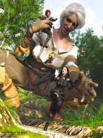 breasts giantess white_hair mega black_hair large_breasts handheld shoes gloves red_hair short_hair boots reaching shrunken_woman pants crouching freckles necklace trees belt running_away looking_at_tiny digital_render the_witcher ciri forrest triss_merigold yennefer ds-sael