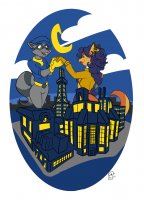 breasts drawing giantess furry tail city mega vixen color long_hair giant blue_hair fox brown_eyes couple moon gloves ponytail raccoon mask pants clouds night hat paris jacket earrings belt eiffel_tower thief sly_cooper orange_skin grey_skin carmelita_fox bare_midriff police_officer sly_cooper_(series) inkmercenary