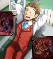 drawing vore black_hair giant mouth saliva brunette digestion shrunken sitting stomach tie shrunken_woman shrunken_man suit women pants books chair hat jacket ace_attorney phoenix_wright orange_hair stomach_view on_tongue vest trucy_wright apollo_justice athena_cykes multiple_tinys cutaway youkaichan