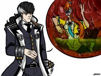 breasts drawing white_hair vore black_hair color long_hair giant male digestion stomach tie shrunken_woman suit pants chain necklace ace_attorney belt coat orange_hair hairband stomach_acid stomach_view no_background athena_cykes cutaway hair_streak simon_blackquill handsome