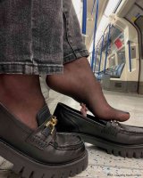 feet toes barefoot jeans shoes stockings train in_shoe foot_crush shrunken_man dark_skin marklovefeet subway_car