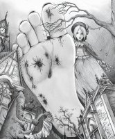 breasts drawing giantess mega monochrome toes barefoot skirt buildings blood gloves dress gore looming monster hat jacket point_of_view imminent_crush clock plain_doll bloodborne fromsoftware