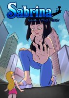 breasts drawing giantess city mega blonde color large_breasts long_hair blue_eyes toes skirt buildings green_eyes smiling asian short_hair kneeling sandals reaching cartoon pants thighs top sabrina cover_page dakunart sabrina_the_teenage_witch gem_stone