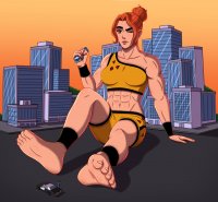 breasts drawing giantess mega color toes barefoot brown_eyes giganta red_hair police sitting muscles shorts bus abs hand_crush costume top police_car winking armbands looking_at_tiny dc_comics hair_bun bare_legs bare_midriff bigchipher66