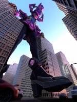 breasts giantess city mega black_hair armor high_heels buildings purple_eyes gloves street boots looking_down pants vehicles thighs costume galacta between_buildings imminent_crush helmet digital_render marvel_comics frequentlyimprobable marvel_rivals