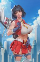 breasts drawing giantess panties wings city mega color large_breasts skirt buildings green_eyes stockings gloves short_hair tie cosplay top looking_at_viewer backpack bare_legs bare_midriff mtolympuscomics