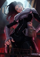 breasts drawing gentle giantess mega blonde black_hair color large_breasts long_hair armor blue_eyes glasses military smiling boots uniform looming pants indoors costume shirt belt hands_on_hips zipper catwalk black_nails looking_at_tiny petting zerohour99 baroness duke colonel_hawk gi_joe