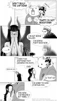breasts drawing giantess horns wings manga mega comic monochrome black_hair long_hair handheld nico_robin one_piece cleavage shrinking demoness fangs hat jacket tattoo dialogue looking_at_tiny convenient_censorship 321sunnyrain