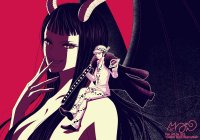 breasts drawing giantess horns wings manga black_hair long_hair sword nico_robin one_piece cleavage shoes yellow_eyes demoness abs fangs shrunken_man pants hat jacket tattoo on_shoulder looking_at_tiny 321sunnyrain