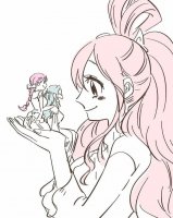 breasts drawing giantess monochrome long_hair handheld blue_hair smiling pink_hair red_hair ponytail dress sitting shrunken_woman braid hair_bow no_background looking_at_tiny on_palm shirahoshi_rebecca_and_vivi