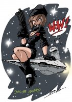 breasts drawing giantess mega space color blue_eyes cleavage gun high_heels brunette military gloves spaceship short_hair boots sitting uniform star_wars hat pinup belt dialogue stars cosmic_giantess bare_legs star_destroyer imperial_officer nachomon