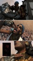 breasts giantess vore city mega comic black_hair large_breasts handheld cleavage buildings gloves witch reaching falling pants dark_skin inside_view necklace earrings dropped pirate looking_at_tiny digital_render dragon_age morrigan_(dragon_age) cutaway isabela bakedalaskabigs
