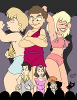 breasts drawing giantess mega blonde color robot giant cleavage glasses brunette red_hair dress short_hair shorts movie dancing thighs silhouette sweater freckles top belt hairband theater looking_at_tiny bare_legs movie_theatre makeshift_clothing bare_midriff crow_t._robot tom_servo mystery_science_theater_3000 jbwarner86 village_of_giant mike_nelson