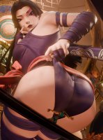 marvel_rivals breasts black_hair long_hair butt sword butt_crush purple_eyes gloves asian boots table shrunken_man thighs indoors costume belt leotard headband x-men looking_behind purple_nails thick_thighs looking_at_tiny psylocke digital_render marvel_comics iron_fist polyphiuss pulling_leotard