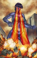 breasts drawing giantess city mega color large_breasts swimsuit destruction rampage cleavage buildings purple_hair military tank superhero short_hair muscles blue_skin explosion thighs fist manhattan purple_skin lasers bare_legs laser_eyes bare_midriff bikni studiokatsumi