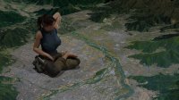 breasts giantess giga city mega large_breasts toes barefoot gun brunette ponytail sitting sunglasses mountains pants river lara_croft legs_crossed tomb_raider necklaces digital_render holster molchim
