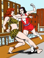 breasts drawing giantess city mega color toes barefoot bra skirt high_heels buildings brunette giganta gloves street red_hair short_hair boots muscles fighting giantesses thighs costume doom_patrol top belt bracelet hairband leopard_print dc_comics bare_legs bare_midriff elasti_girl rita_farr