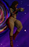 breasts giantess earth giga space black_hair long_hair handheld brown_eyes boots portal dark_skin jacket costume belt latina stars thick_thighs looking_at_tiny digital_render marvel_comics america_chavez omnislasher57