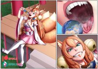breasts drawing vore tail color long_hair tongue planet teeth brunette stockings fox fox_ears dress sitting sandals mawshot lava kitsune open_mouth steps fox_girl earrings shrine_maiden shrunken_planet spokle fox_tails cysh dango